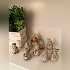 Ceramic/Pottery Holiday Folk Art Lot of 9 Figurine Ornaments Set -Cream and Gold